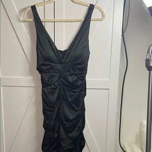 Xscape Black Ruched V-Neck Midi Dress